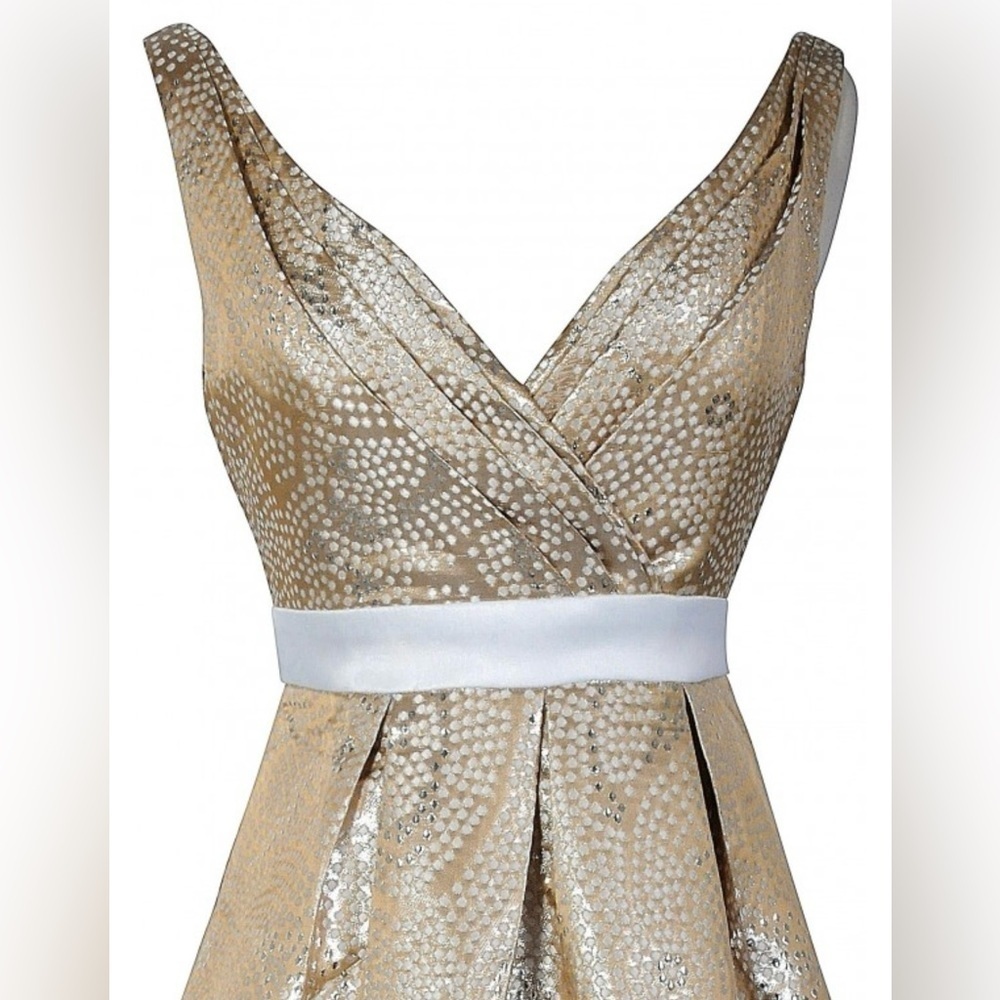 EUC Minuet Large Cream and Gold Metallic Dot Print Designer Dress